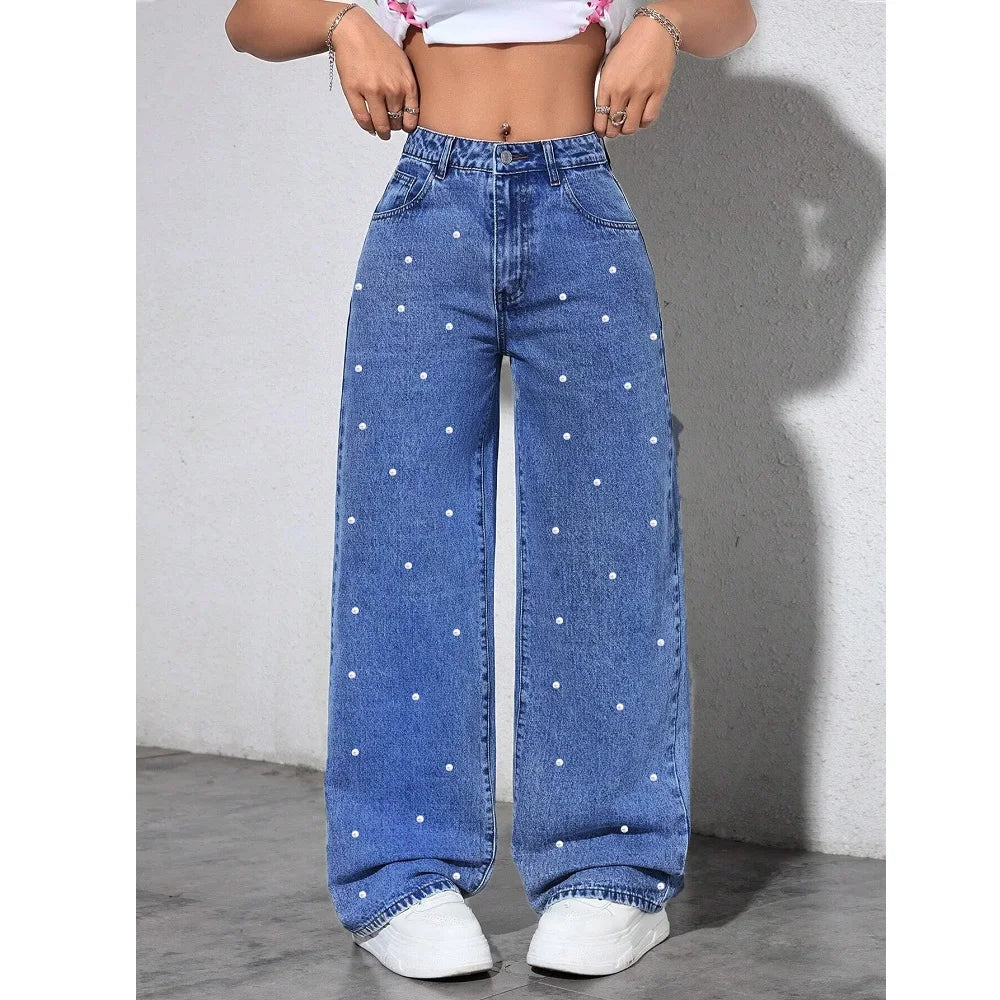 Women's High-Waist Straight-Leg Jeans with Beaded Details