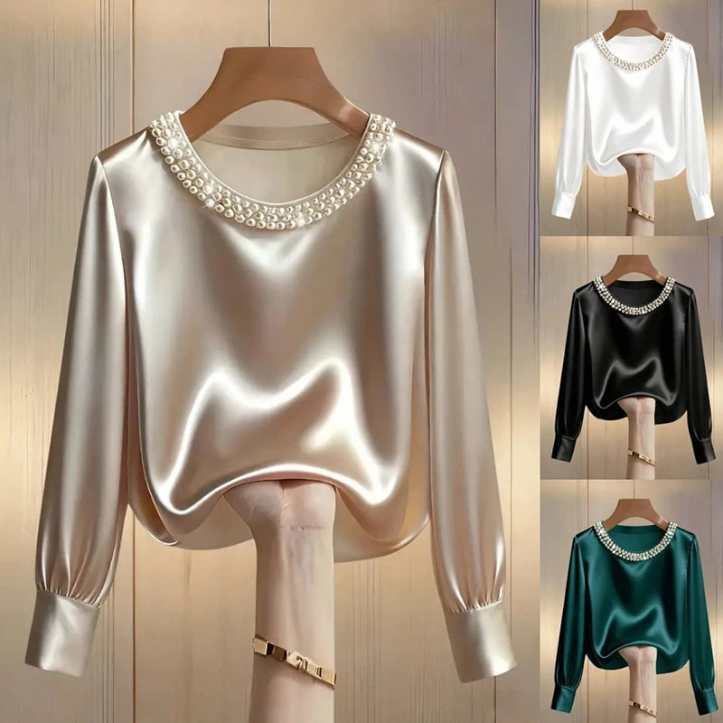 Elegant Satin Shirt Women Spring Autumn Bead Design Long Sleeve Silk Blouse Women Fashion O Neck Loose Pullover Tops LADYLYS