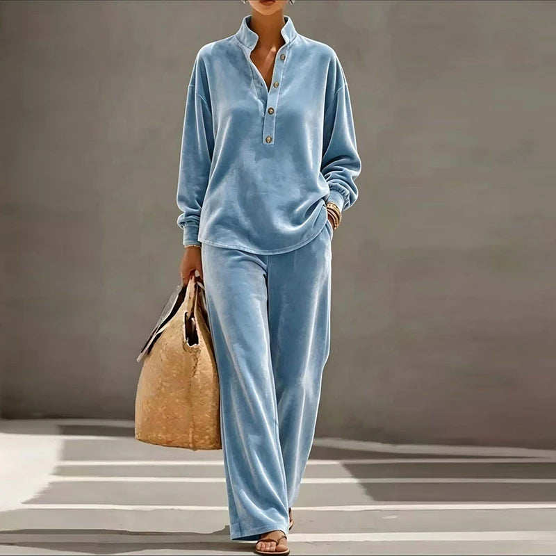 Women's Velvet 2-Piece Set: Stand Collar Blouse and Wide-Leg Trousers