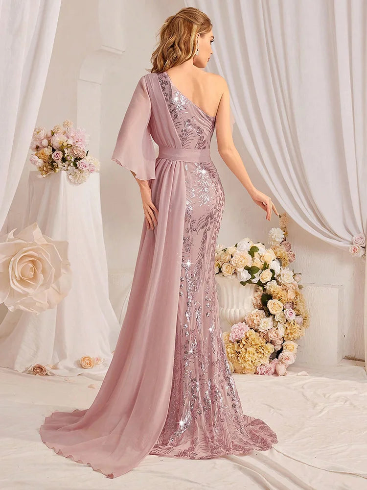 Sequin One-Shoulder Maxi Gown – Sparkle Patchwork A-Line | Luxury Formal Evening Dress