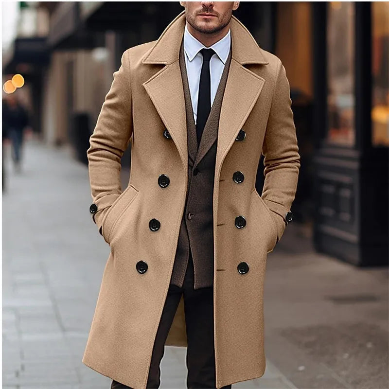 Men's Woolen Coats Business Casual Fashion Double Breasted Long Woolen Trench LADYLYS
