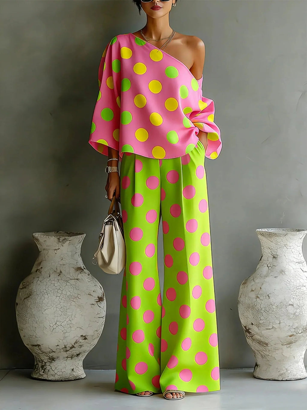 Summer New Color Wave Point Set Women Slant Shoulder Open Back Top+High Waist Wide Leg Pants Vacation Style Loose 2 Piece Suit LADYLYS