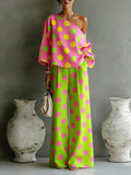 Summer New Color Wave Point Set Women Slant Shoulder Open Back Top+High Waist Wide Leg Pants Vacation Style Loose 2 Piece Suit LADYLYS