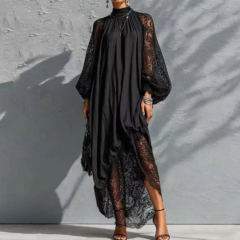 Women's Black Lace Maxi Dress with Mock Neck and Long Sleeves