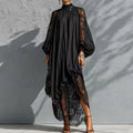 Women's Black Lace Maxi Dress with Mock Neck and Long Sleeves