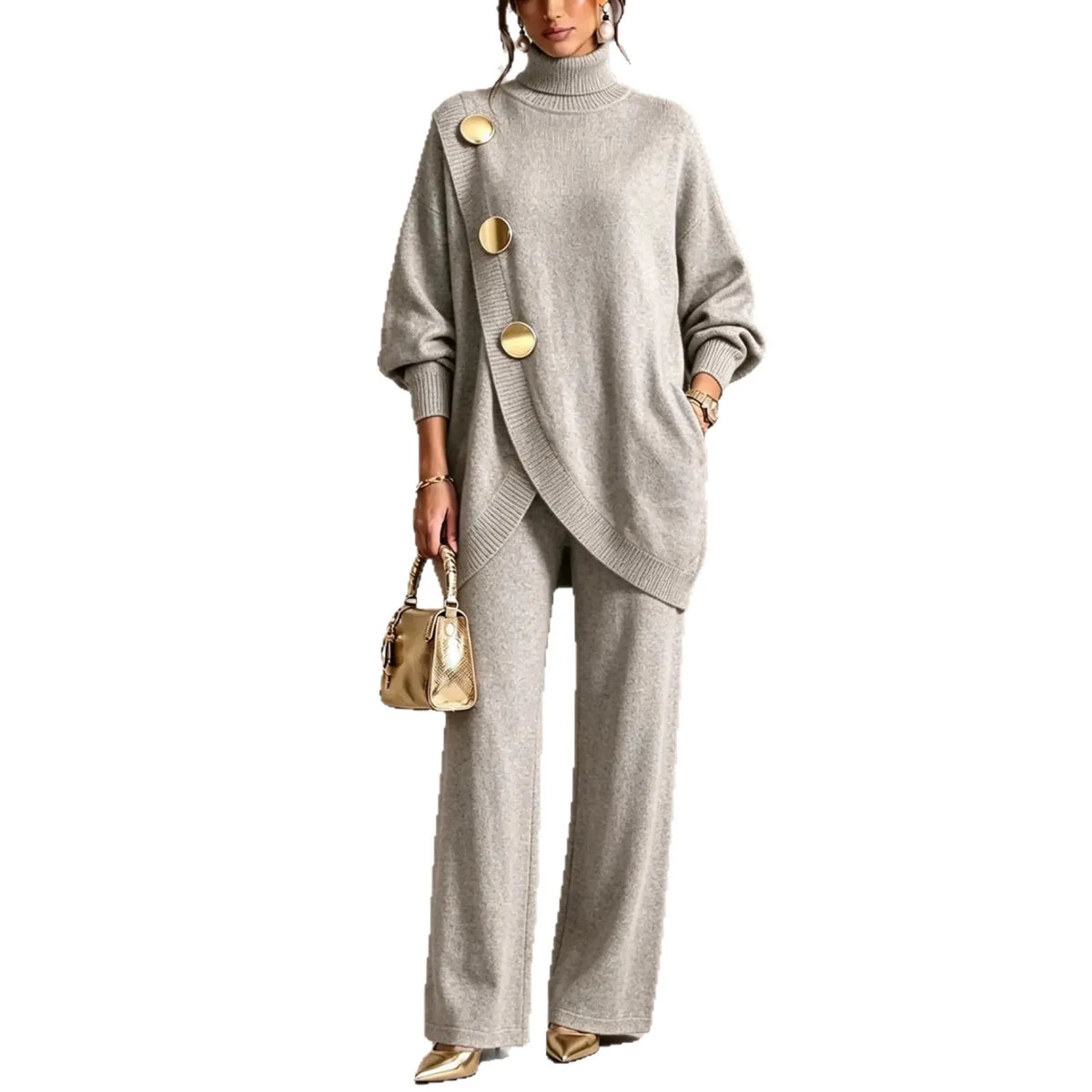 Women's Knit 2-Piece Set: Turtleneck Sweater and Wide-Leg Trousers