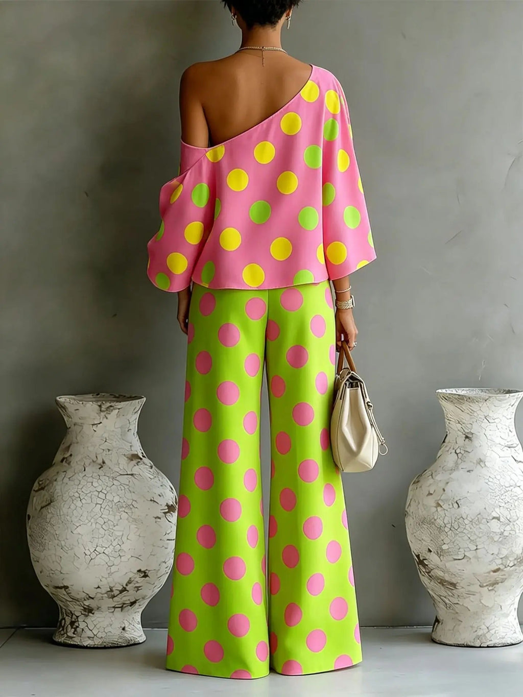 Summer New Color Wave Point Set Women Slant Shoulder Open Back Top+High Waist Wide Leg Pants Vacation Style Loose 2 Piece Suit LADYLYS