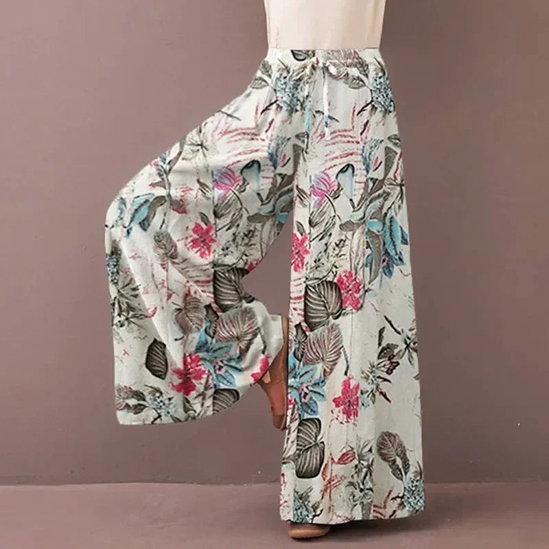 Women's Floral Print Wide Leg Pants — Drawstring Elastic Waist Bohemian Trousers | Plus Size