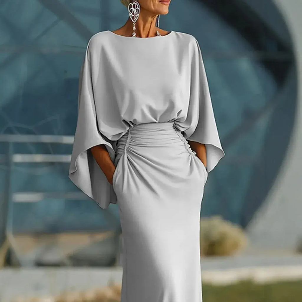 Grey Backless A-Line Maxi Dress with Batwing Sleeves