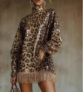 Women's Leopard-Print Tassel Turtleneck Dress