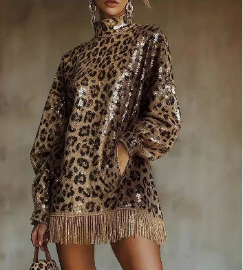 Women's Leopard-Print Tassel Turtleneck Dress