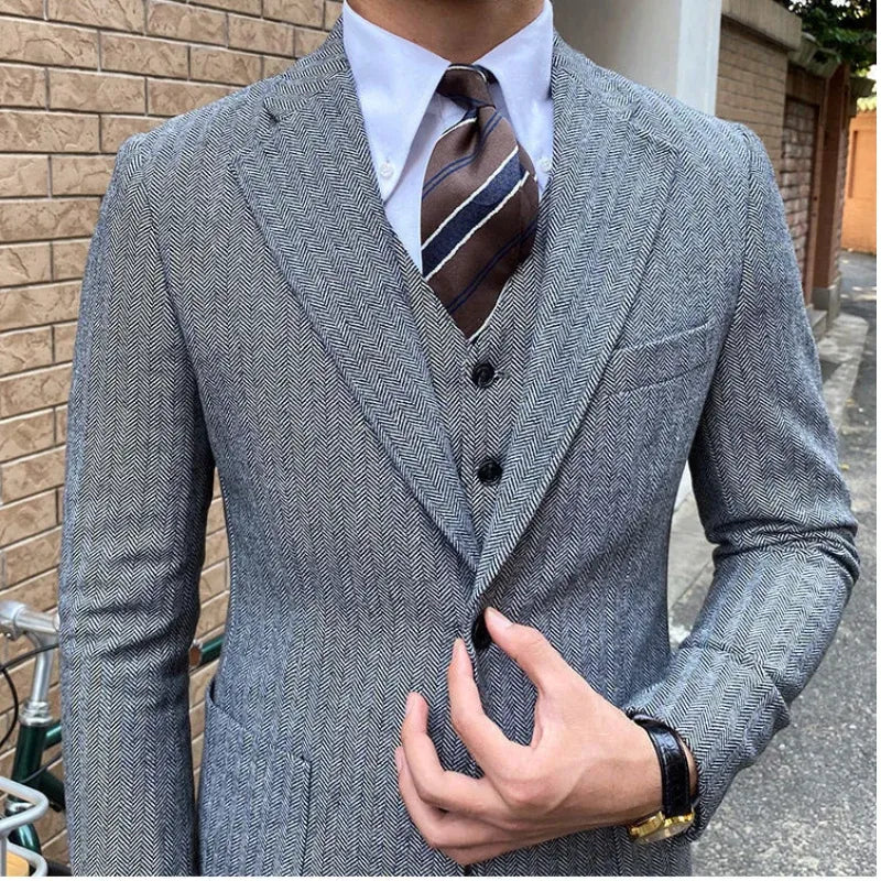 Men's Slim-Fit Herringbone Three-Piece Suit