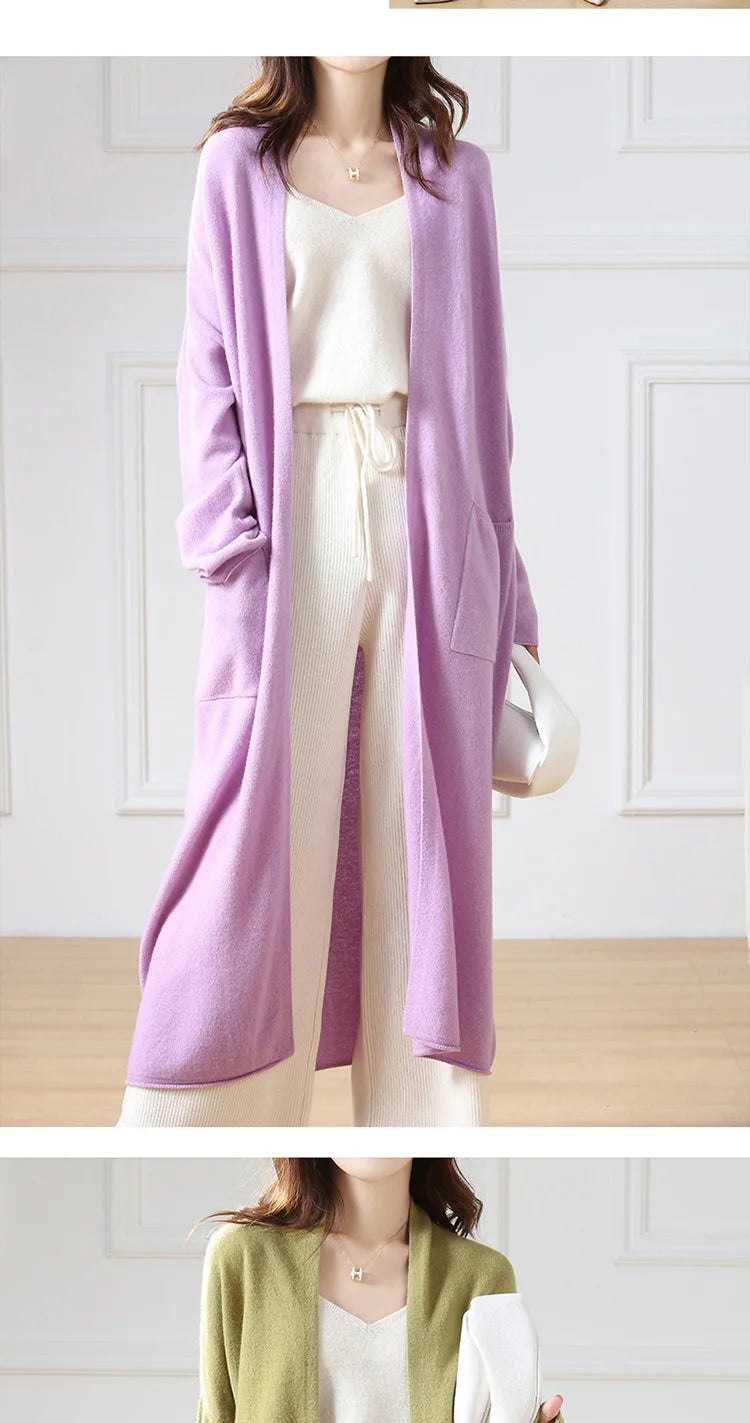 Women's Long Wool V-Neck Cardigan, Loose Fit