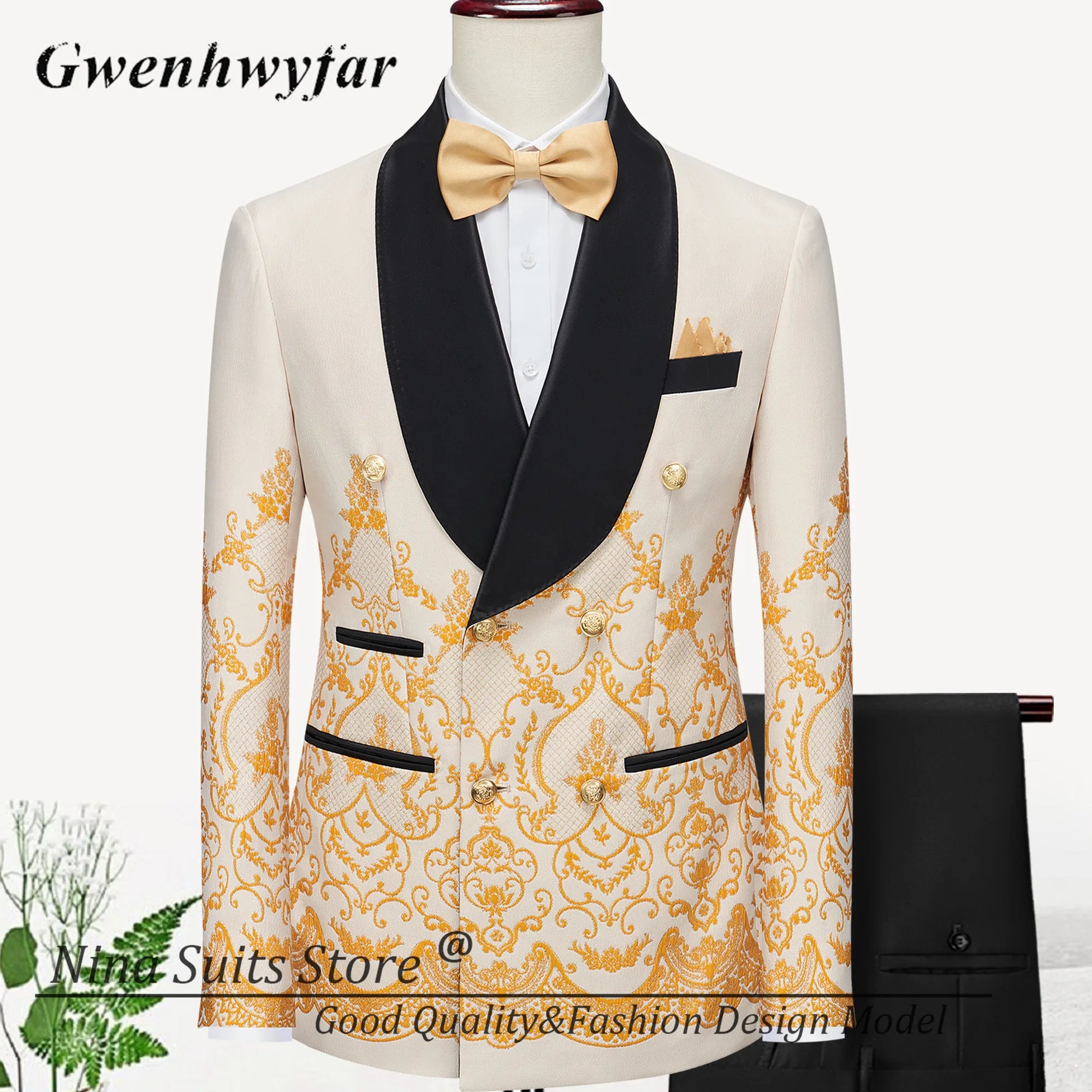 Men Suits Cashew Flower Jacquard Tuxedos Groom Wear Formal Party Suit LADYLYS
