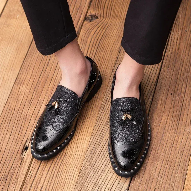 Men's Sequin Loafers in Black & Black Gold