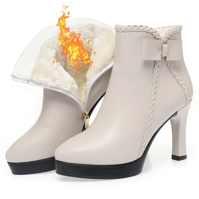 Women's Velvet Stiletto Ankle Boots – Pointed Toe Platform Booties with Bow Detail
