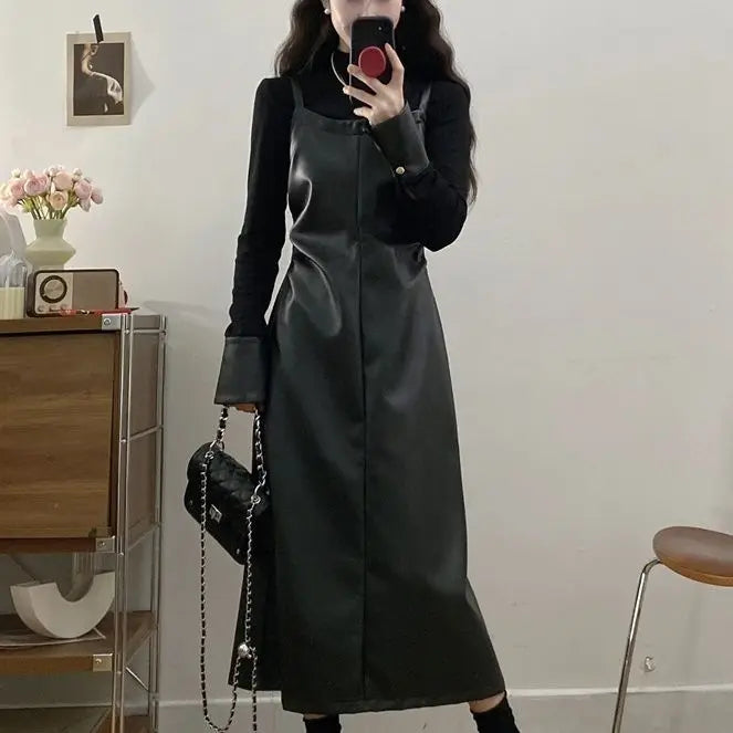 Women's Black PU Leather Dress – Faux Two-Piece A-Line, Long Sleeve, Midi Length
