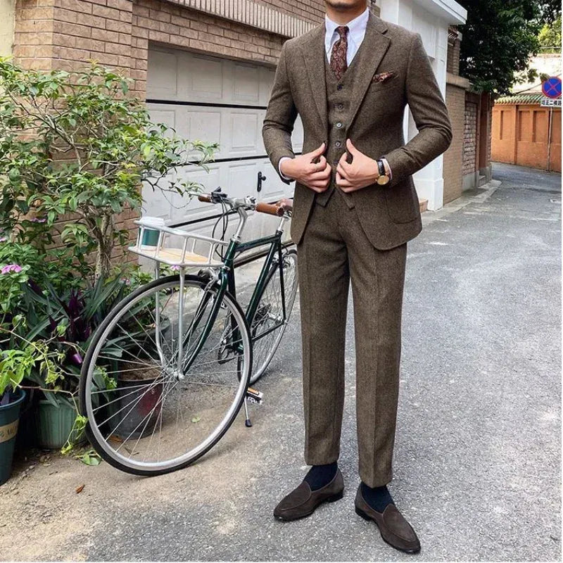 Men's Slim-Fit Herringbone Three-Piece Suit