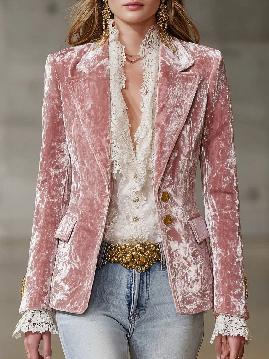 Women's Pink Velvet Single-Button Blazer