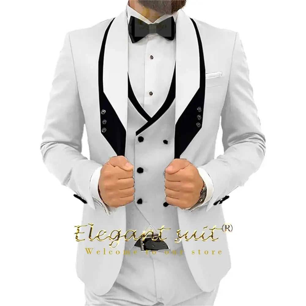 Men's black collar 3 piece suit (single button jacket vest and trousers)elegant slim fit tuxedo LADYLYS