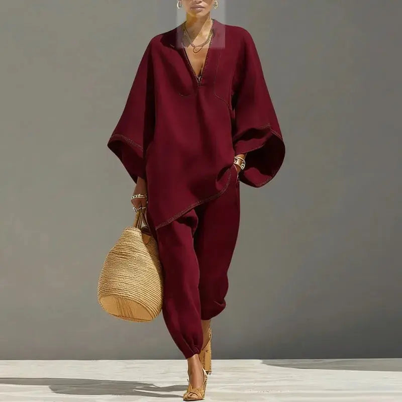 Female Clothing Two Piece Set Spring V Neck Loose Top Pullover & Long Pants Vintage LADYLYS