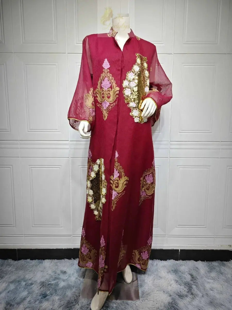Morocco Dress for Women Muslim Abaya India Stand Collar Abayas Enbroidery Sequins LADYLYS