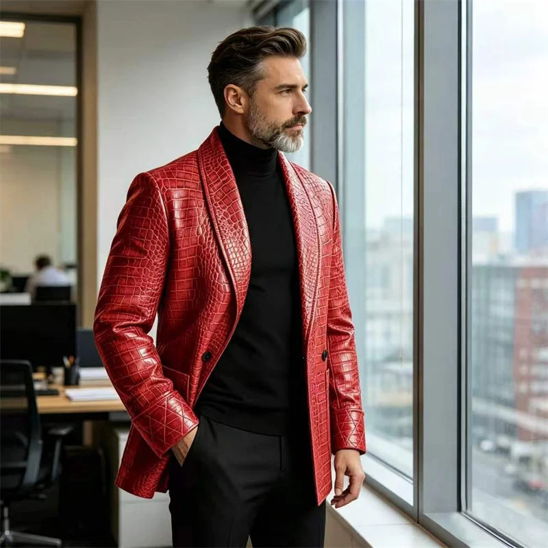 Men's Luxury Shawl Lapel Blazer Crocodile Embossed Leather LADYLYS