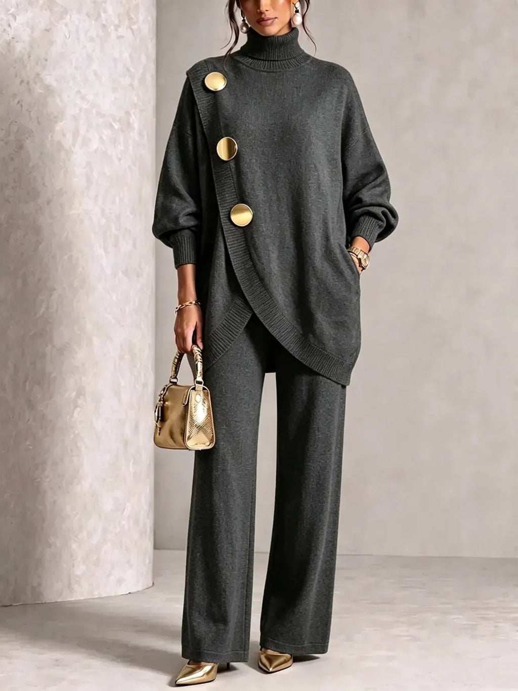Women's Knit 2-Piece Set: Turtleneck Sweater and Wide-Leg Trousers