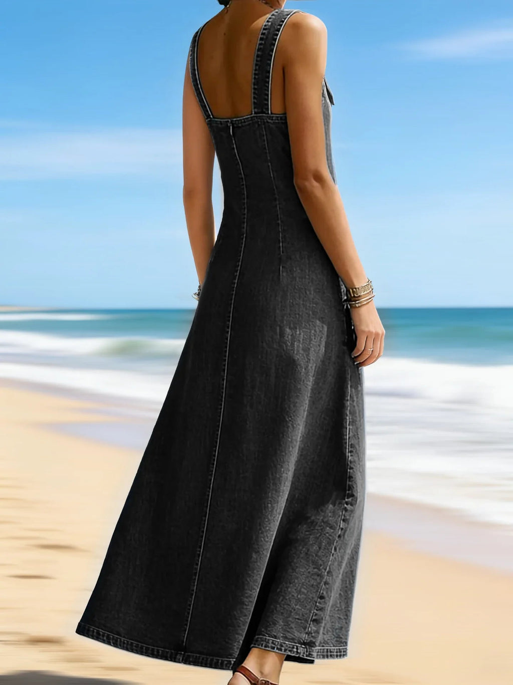 Women Denim Suspender Dress Sleeveless Overall Dresses Distressed Backless V Neck Button Washed Vestidos Summer Sundress A Line LADYLYS