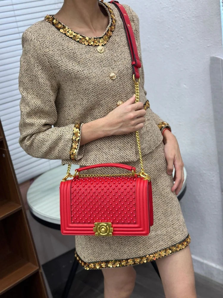 Luxury Designer Inlaid Pearls Lattice Embroidery Women's Shoulder Bag Fashion High-end Handbags Small Square Bag Versatile Purse LADYLYS