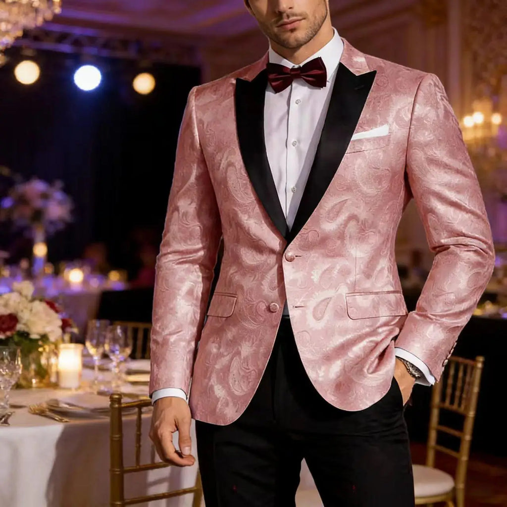 Men’s Pink Paisley Tuxedo Blazer with Black Satin Lapel