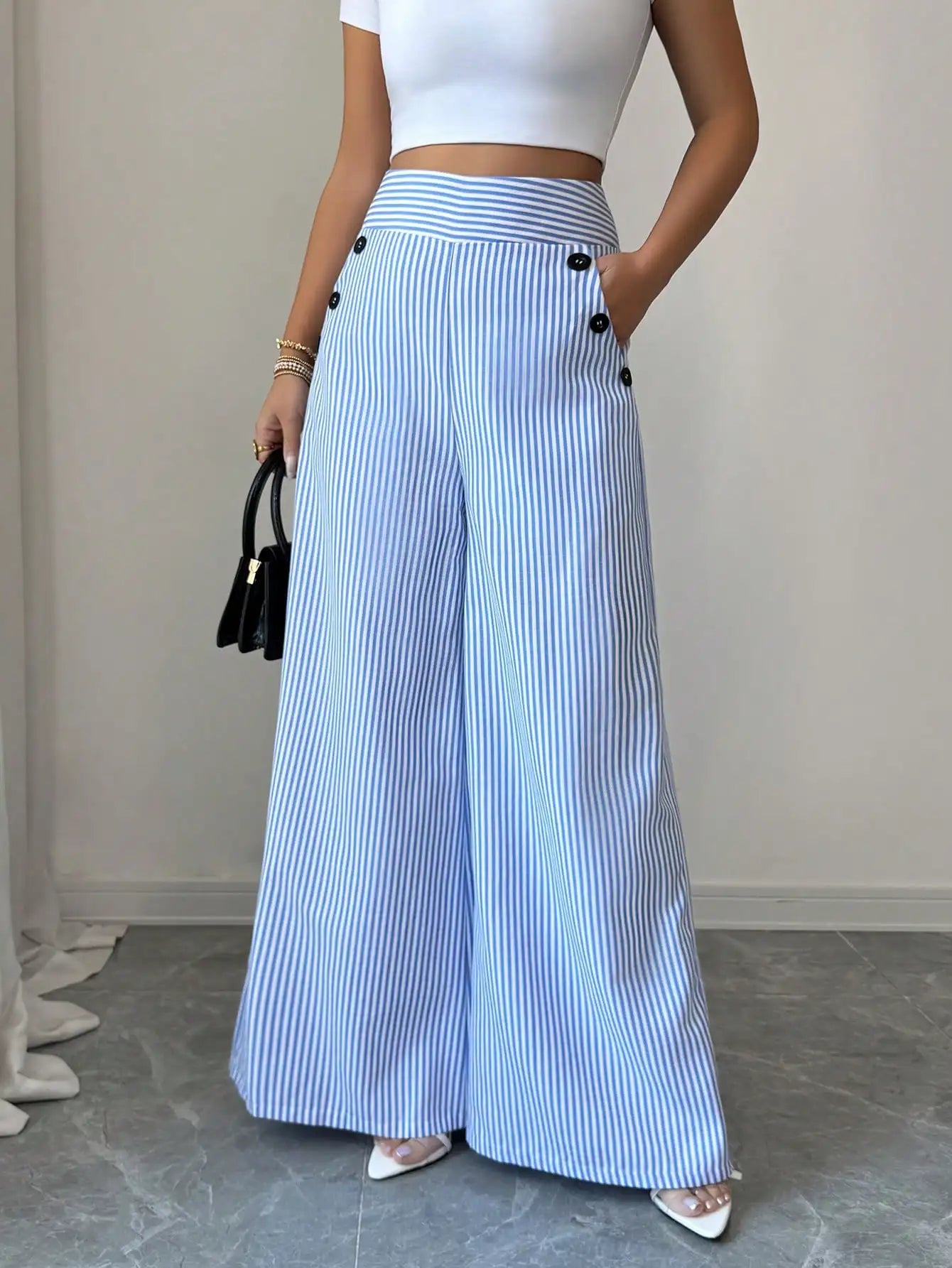 Women's Striped High-Waist Wide-Leg Pants