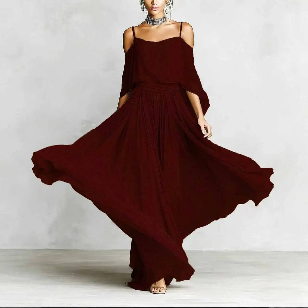 Summer Fashion Solid Chiffon Dress Elegant Off Shoulder Strap Bat Sleeve High Waist Long Dress Women Wedding Guest Outfits LADYLYS