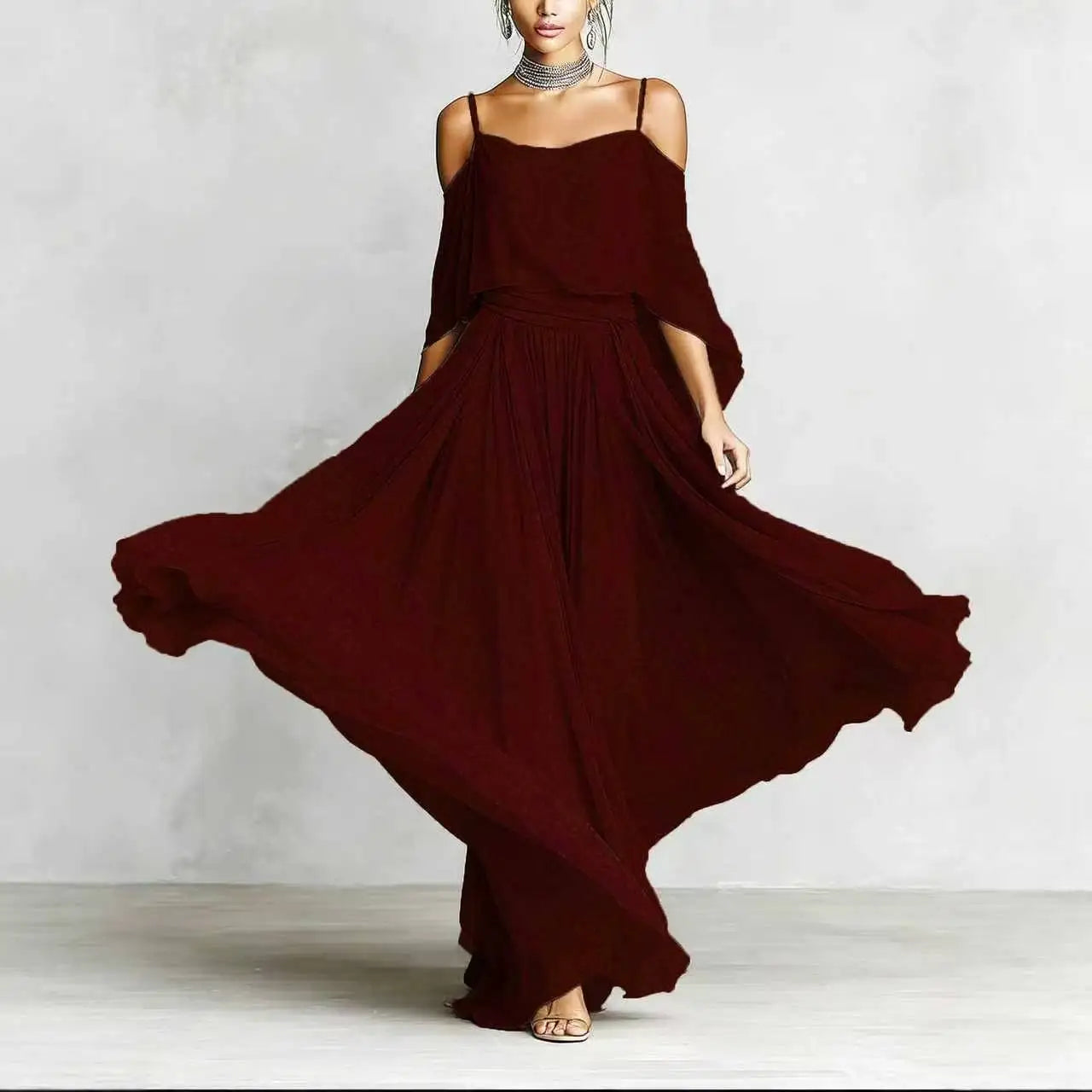 Summer Fashion Solid Chiffon Dress Elegant Off Shoulder Strap Bat Sleeve High Waist Long Dress Women Wedding Guest Outfits LADYLYS