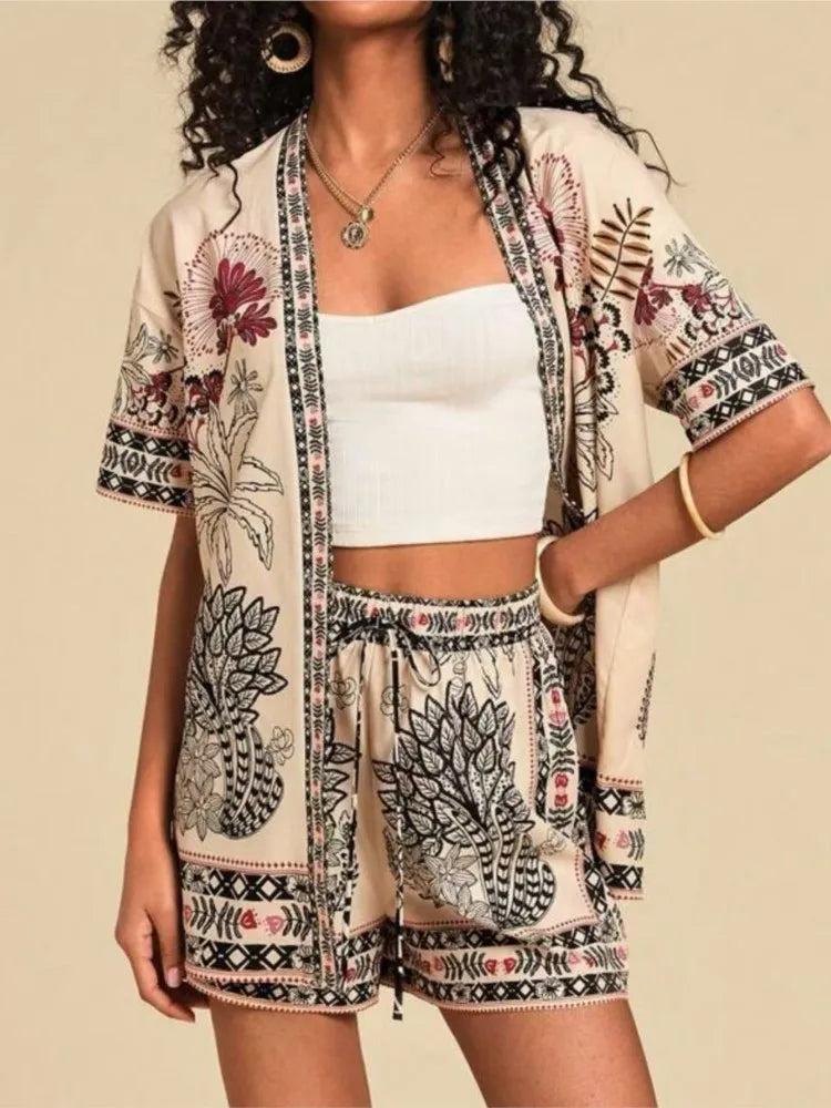 Casual Printed Cardigan Short-sleeved Top Shorts Two-piece Set LADYLYS
