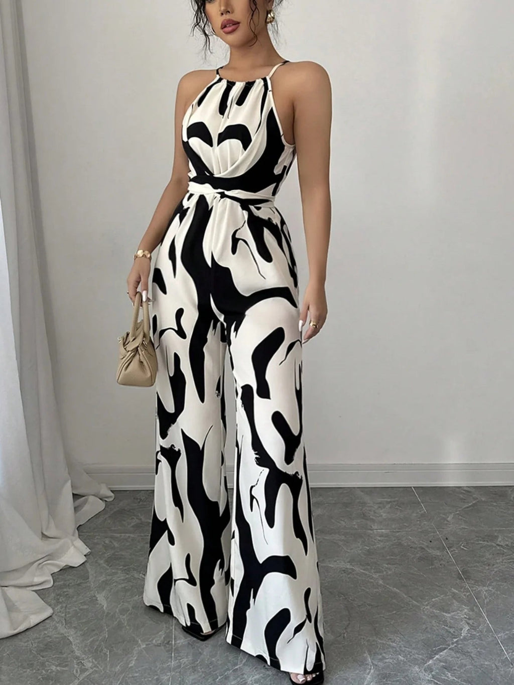Retro versatile lace up waist slimming and high-end printed hanging neck jumpsuit LADYLYS