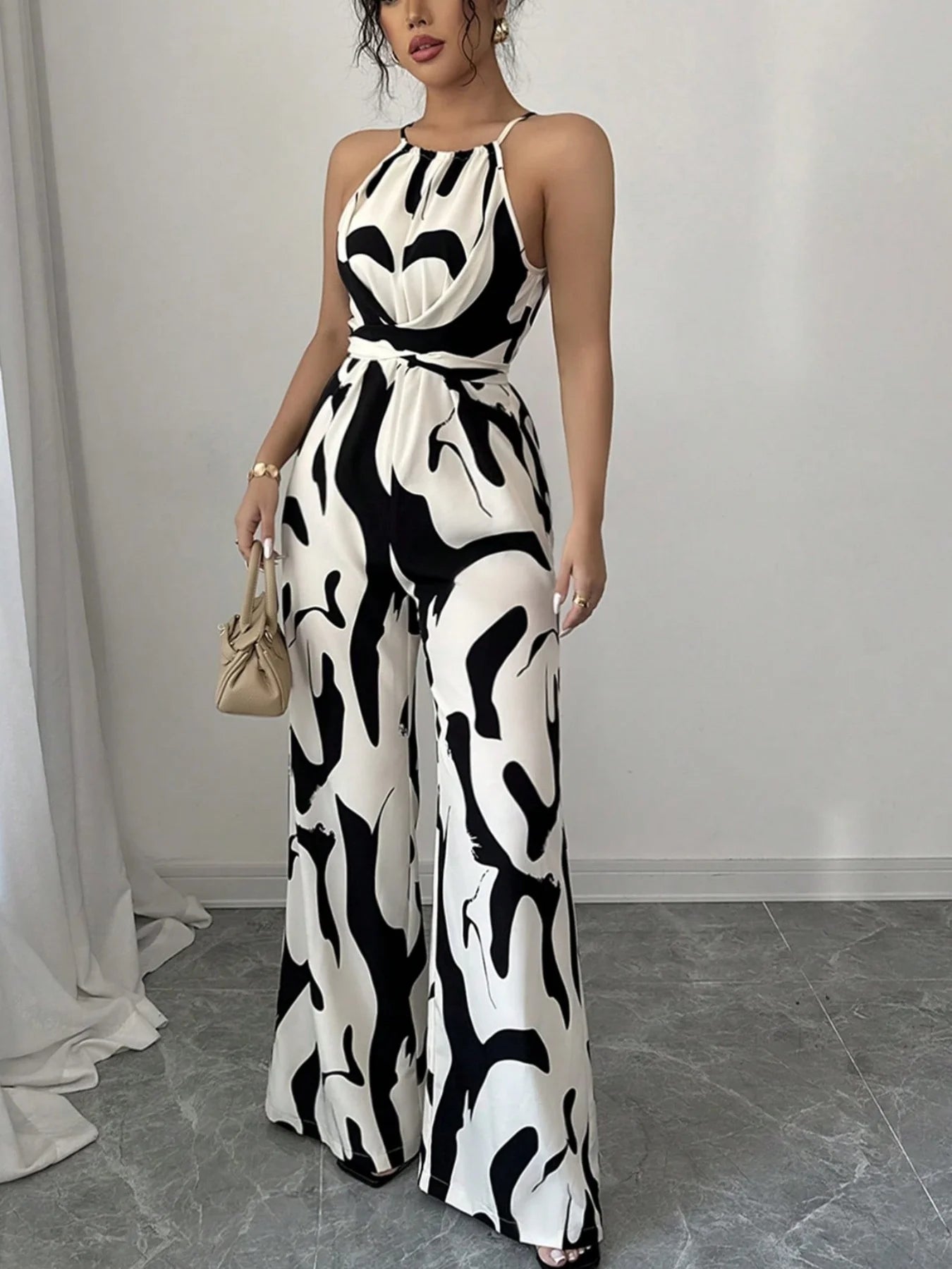 Retro versatile lace up waist slimming and high-end printed hanging neck jumpsuit LADYLYS