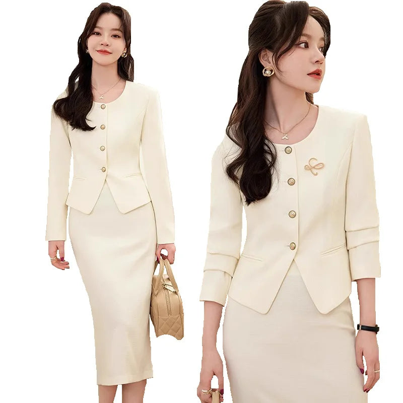 Women's 2-Piece Business Skirt Suit – Long Sleeve Blazer & Midi Skirt | Office Professional Set