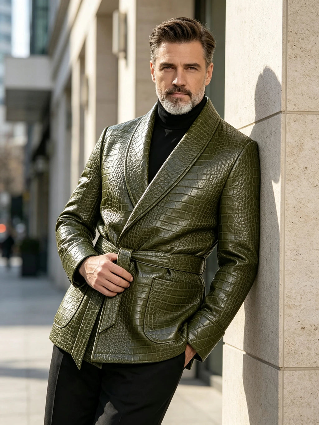Men's Crocodile-Embossed PU Leather Blazer – Shawl Lapel, Belted, Slim Fit