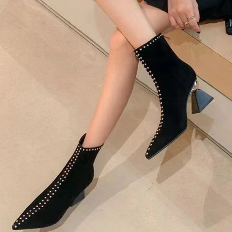 Women's Pointed Toe Ankle Boots – 7cm Square Heel, French Style Winter Boots