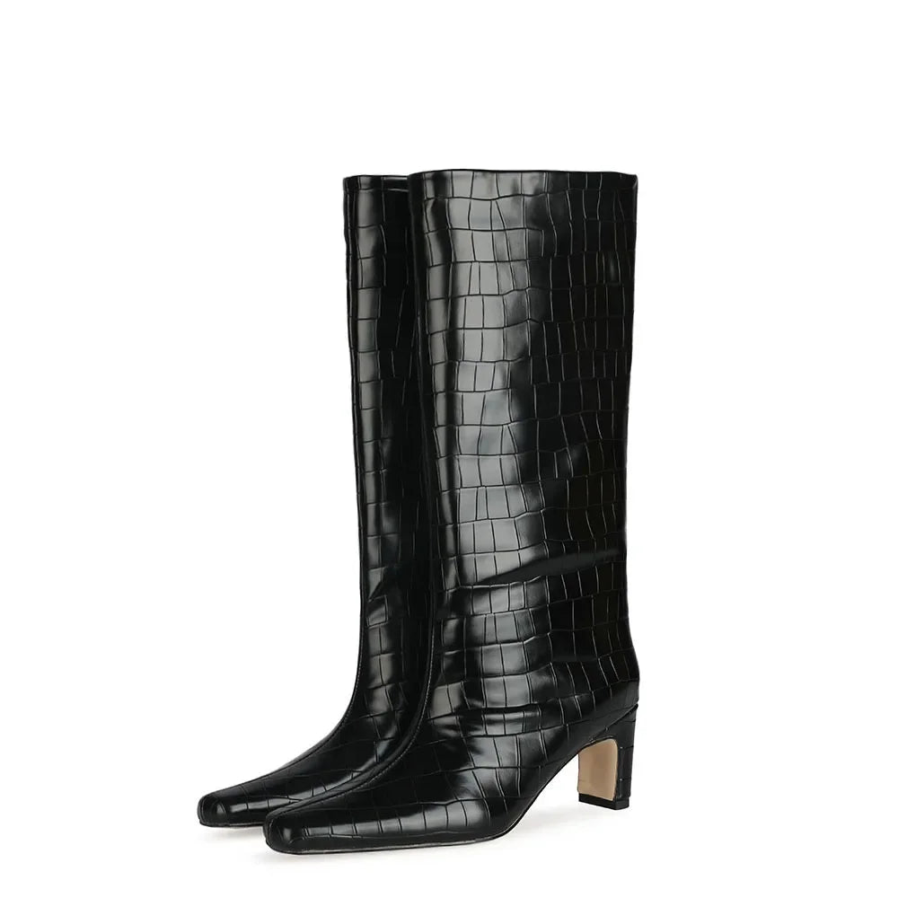 Women's Patent Leather Knee-High Boots – Thick Square Heel Slip-On Winter Boots in 21 Colours