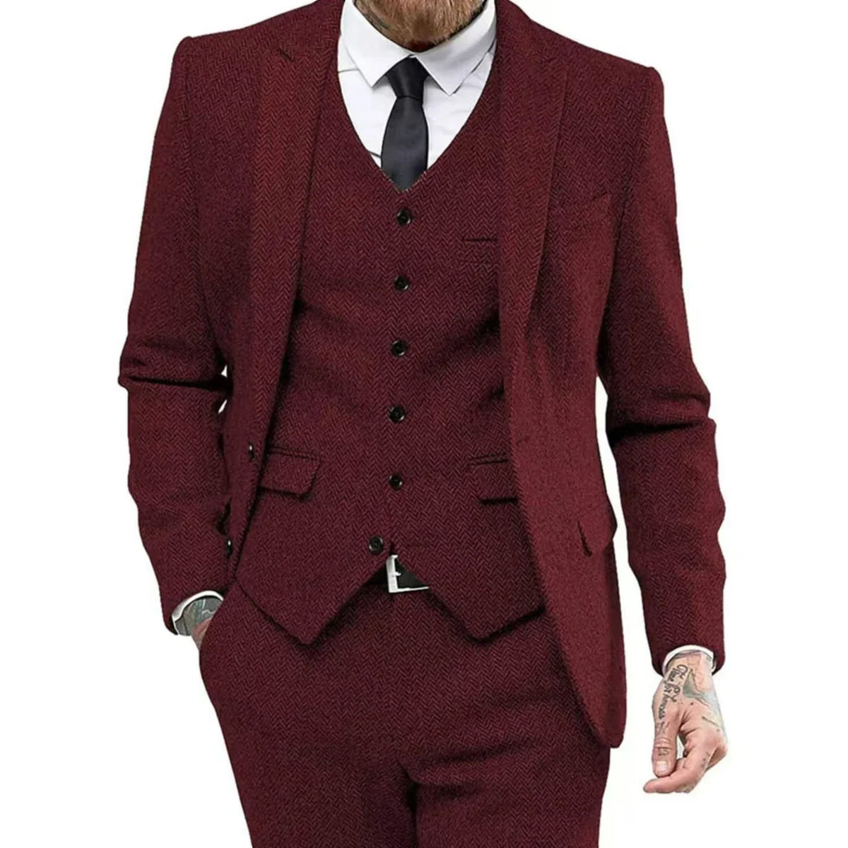 Men's Slim-Fit Herringbone Three-Piece Suit
