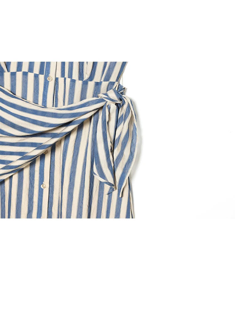 Striped Sleeveless Shirt Dress – Single-Breasted Detachable Waist Tie Maxi Dress