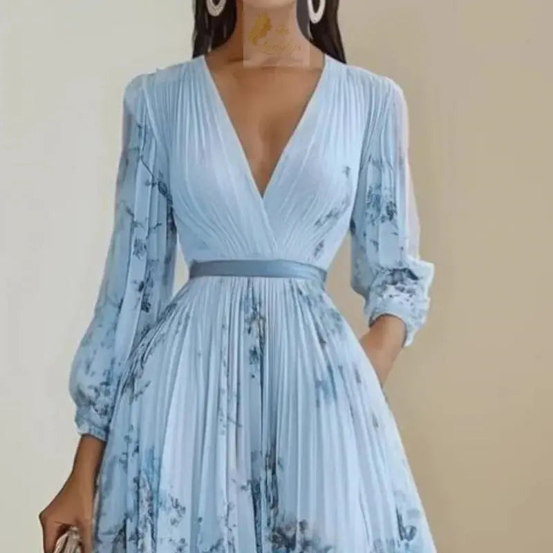 Pleated Dress New Spring Autumn Florat Printed Deep V-neck Long-sleeved Fashion Maxi Elegant LADYLYS