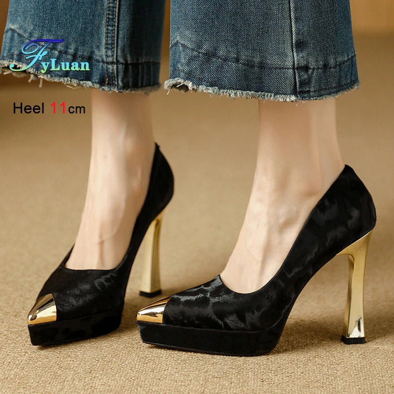 Leopard Print Women's Shoes Thin Heels 11cm Pointed Toe Shallow Ladies Pumps LADYLYS