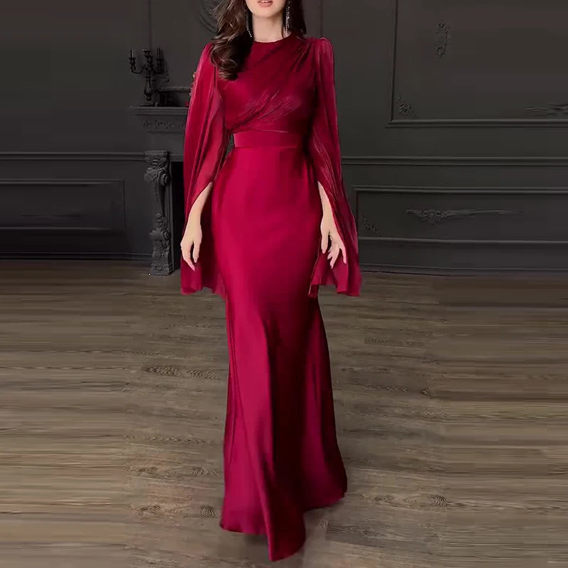 Women's Satin Long Dress – High-Waisted Slim Fit, Long Sleeve, Ankle-Length
