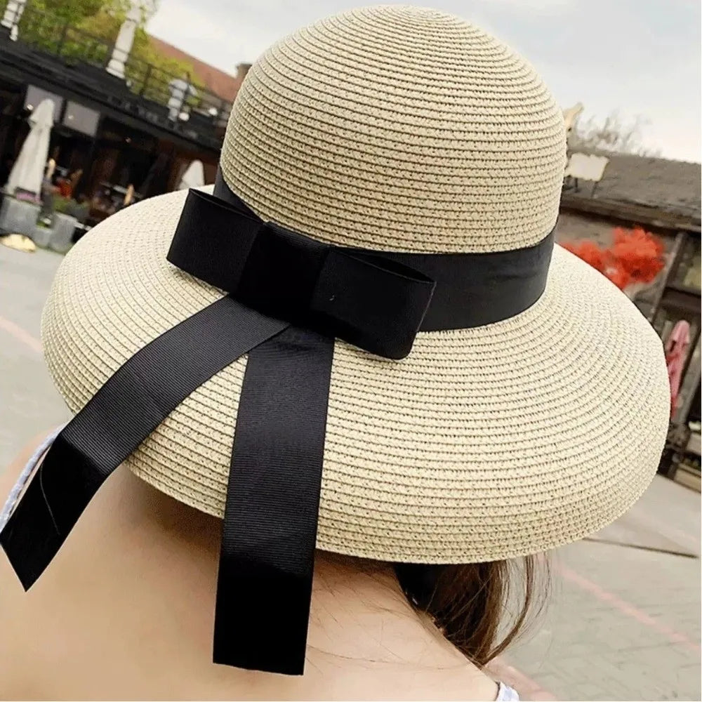 Vintage Breathable Straw Hat Black Ribbon Large Brim Sunshade Hat UV Protection Sun Hat Women LADYLYS