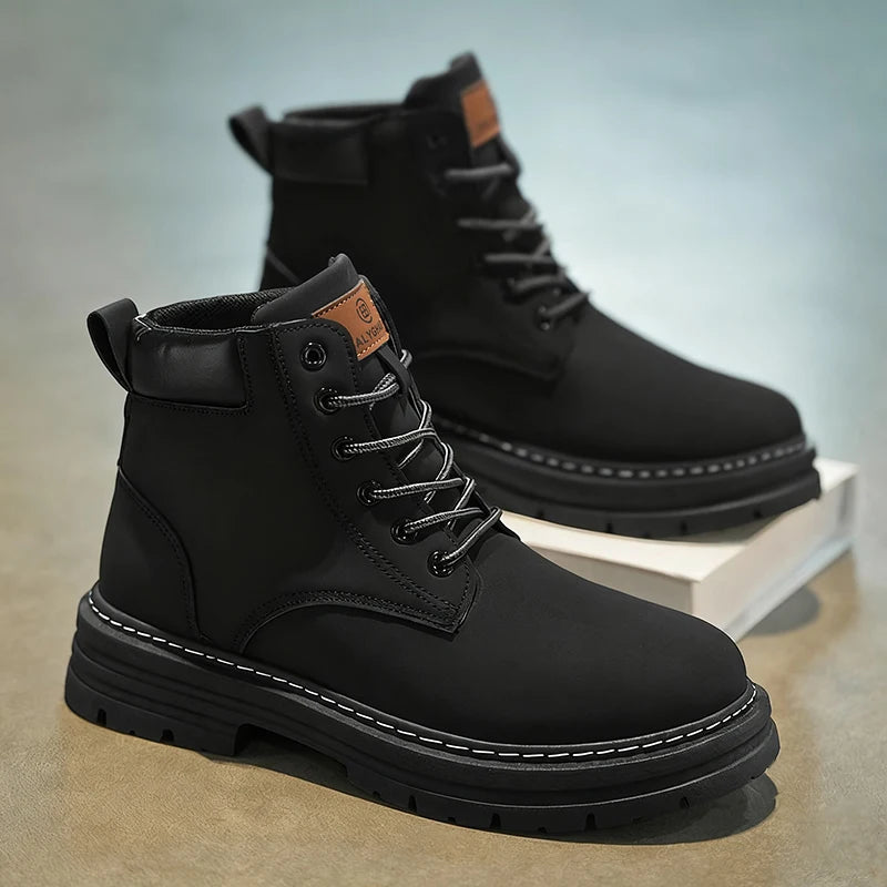Men's Heavy-Duty All-Terrain High-Top Ankle Boots – PU & Stretch Fabric Motorcycle Boots in Plus Sizes