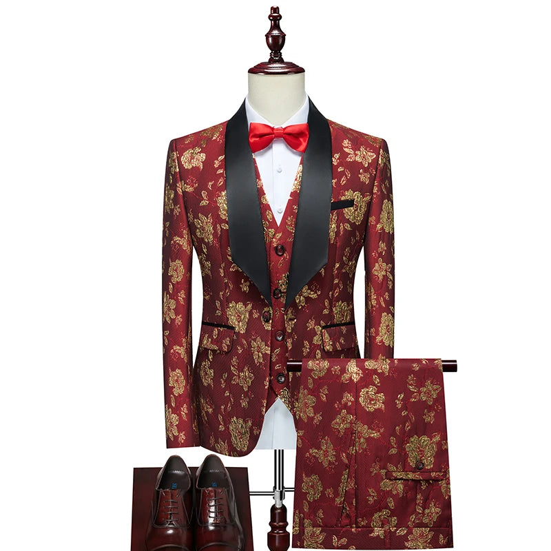 Men's Slim-Fit Jacquard Three-Piece Suit