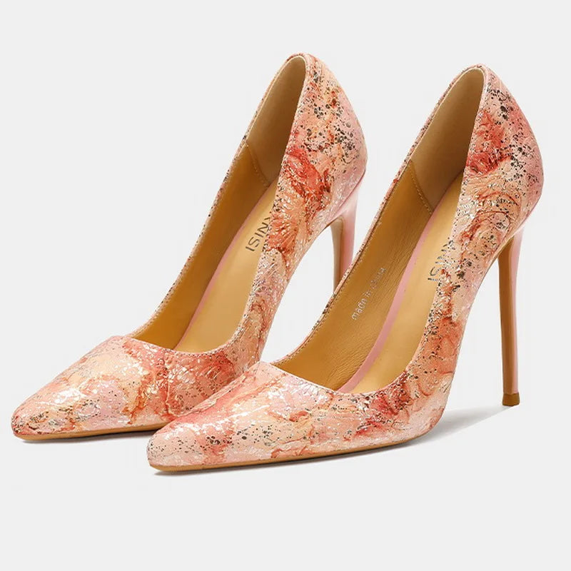 Women Cowhide High Heel Shoes Printed Leather Versatile Pumps LADYLYS